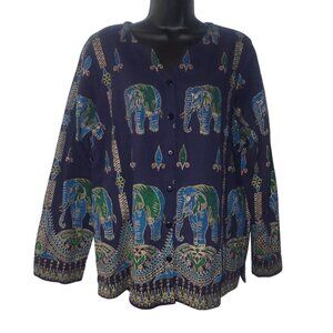 Vintage Style Serengeti Elephant‎ Print Cotton Button-Up Blouse Large Dark Blue